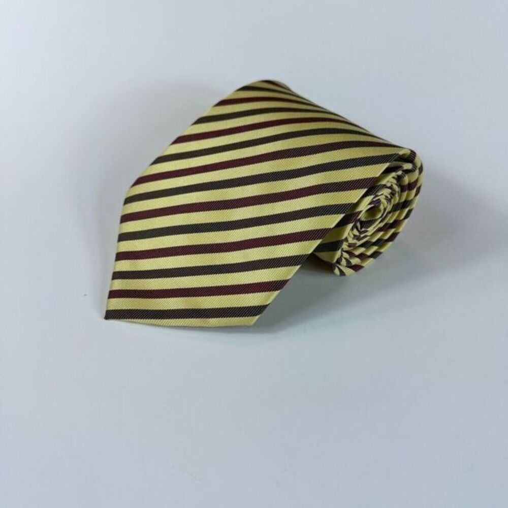 BOSS Hugo Boss Tie Mens OS Striped Yellow Burgundy Brown 100% Silk Italy Classic